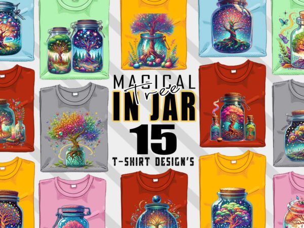 Colourful magical tree in a jar t-shirt design bundle with 20 designs – download instantly retro vintage t-shirt illustration clipart bundle