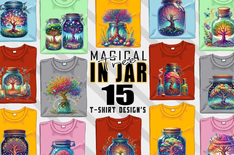 Colourful Magical Tree in a Jar t-shirt design bundle with 20 designs – download instantly Retro Vintage T-shirt Illustration Clipart Bundle