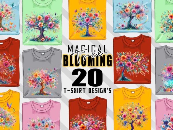 Magical blooming tree t-shirt design bundle with 20 designs – download instantly retro vintage tee illustration clipart bundle