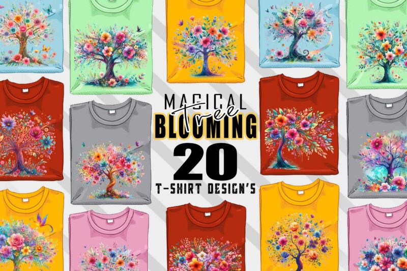 Magical Blooming Tree t-shirt design bundle with 20 designs – download instantly Retro Vintage Tee Illustration Clipart Bundle