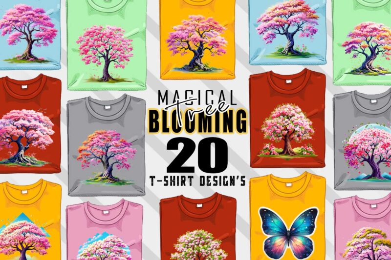 Retro Blooming Tree t-shirt design bundle with 20 designs – download instantly Retro Vintage T-shirt Illustration Clipart Bundle