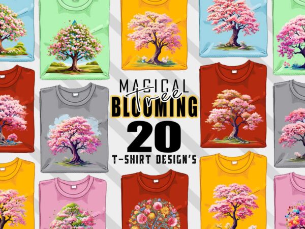 Magical blooming tree t-shirt design bundle with 20 designs – download instantly retro vintage tee illustration clipart bundle