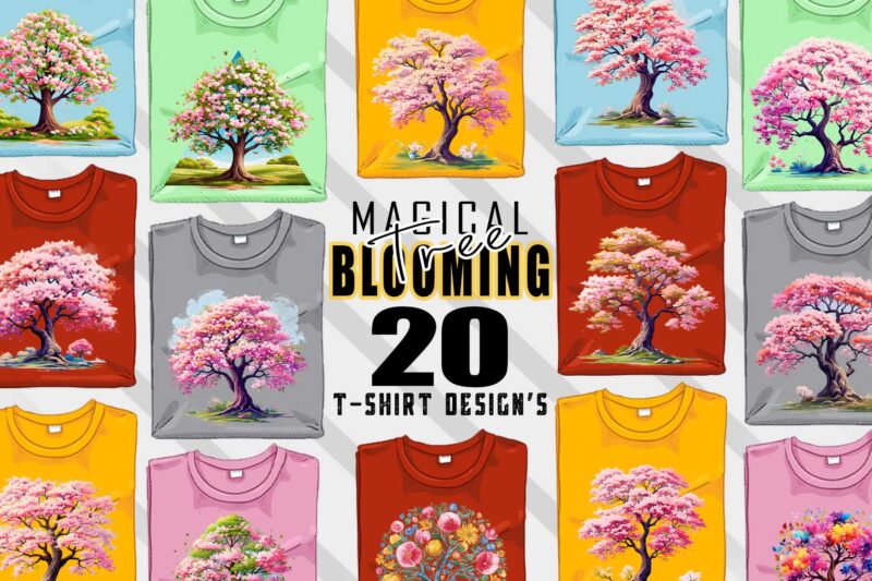 Magical Blooming Tree t-shirt design bundle with 20 designs – download instantly Retro Vintage Tee Illustration Clipart Bundle