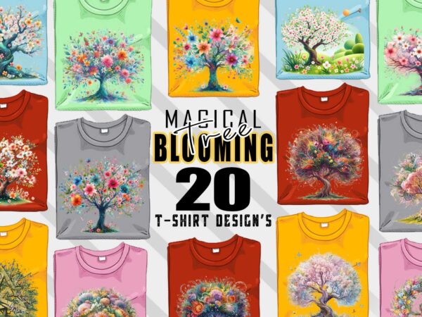 Magical blooming tree t-shirt design bundle with 20 png designs – download instantly retro vintage tee illustration clipart bundle