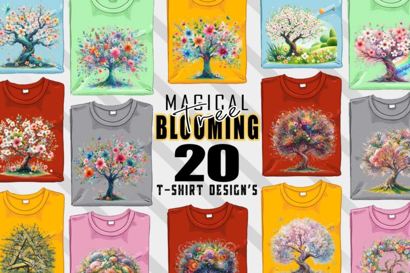 Magical Blooming Tree t-shirt design bundle with 20 png designs – download instantly Retro Vintage Tee Illustration Clipart Bundle