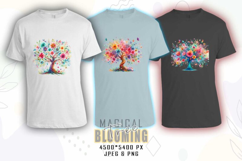 Magical Blooming Tree t-shirt design bundle with 20 designs – download instantly Retro Vintage Tee Illustration Clipart Bundle