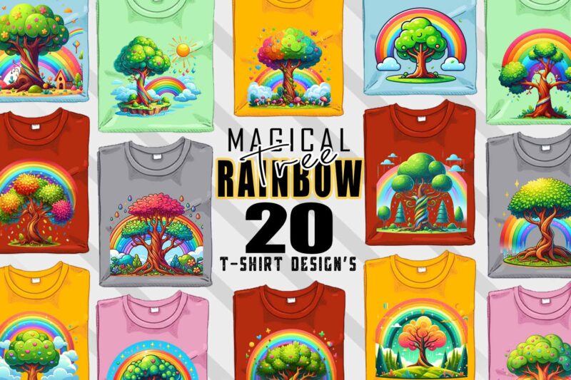 Colourful Rainbow Tree t-shirt design bundle with 20 designs – download instantly Retro Vintage T-shirt