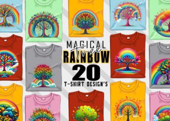 Watercolour Rainbow Tree t-shirt design bundle with 20 designs – download instantly for POD