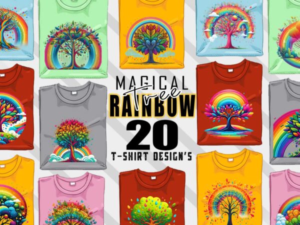 Watercolour rainbow tree t-shirt design bundle with 20 designs – download instantly for pod