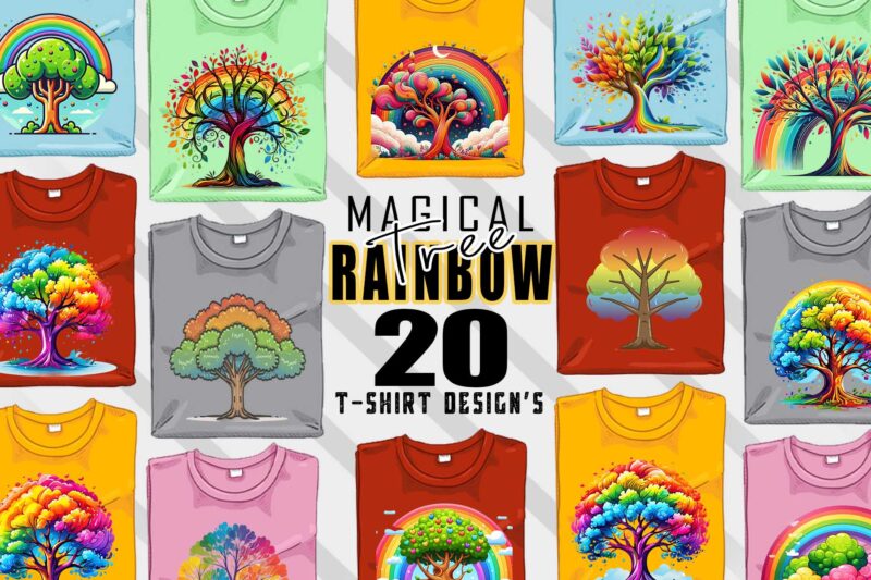 Abstract Colourful Rainbow Tree t-shirt design bundle with 20 png & jpeg designs – download instantly for POD