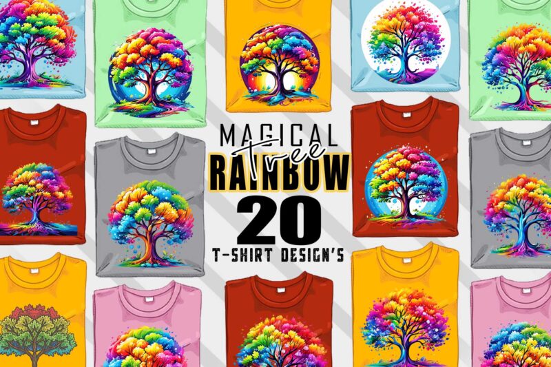 Colourful Rainbow Tree t-shirt design bundle with 20 designs – download instantly Retro Vintage Tees