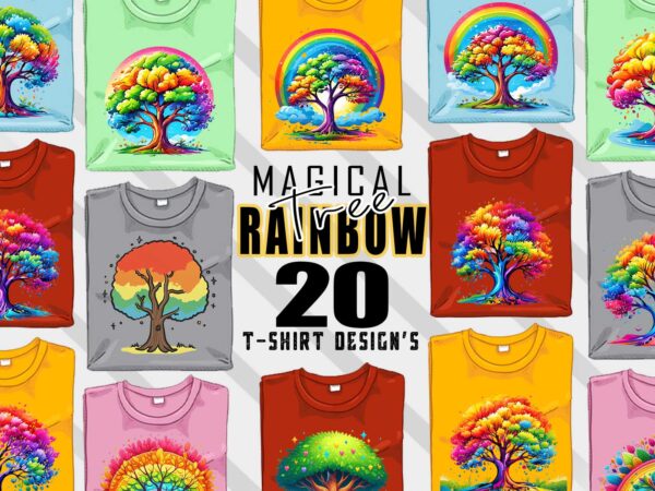 Retro rainbow tree t-shirt design bundle with 20 designs – download instantly for pod