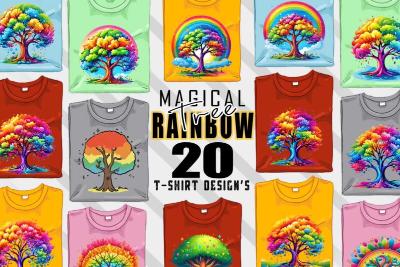 Retro Rainbow Tree t-shirt design bundle with 20 designs – download instantly for POD