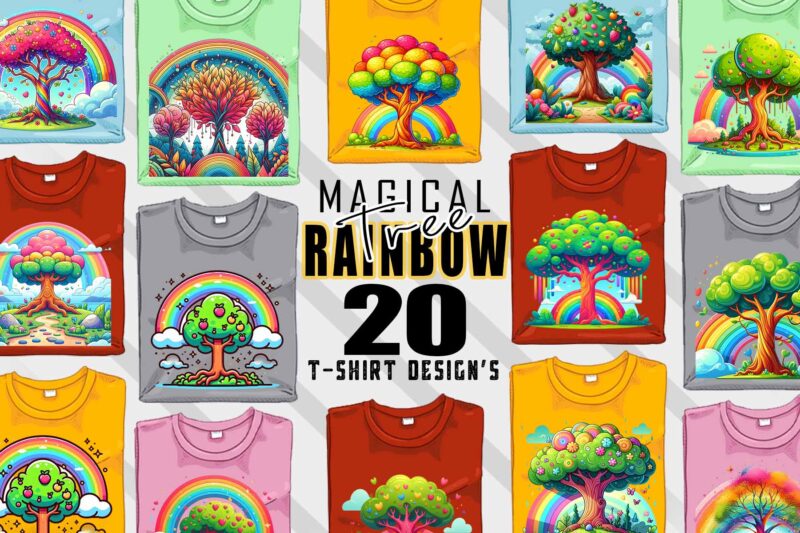 Retro Rainbow Tree t-shirt design bundle with 20 designs – download instantly Retro Vintage T-shirt Illustration Clipart Bundle