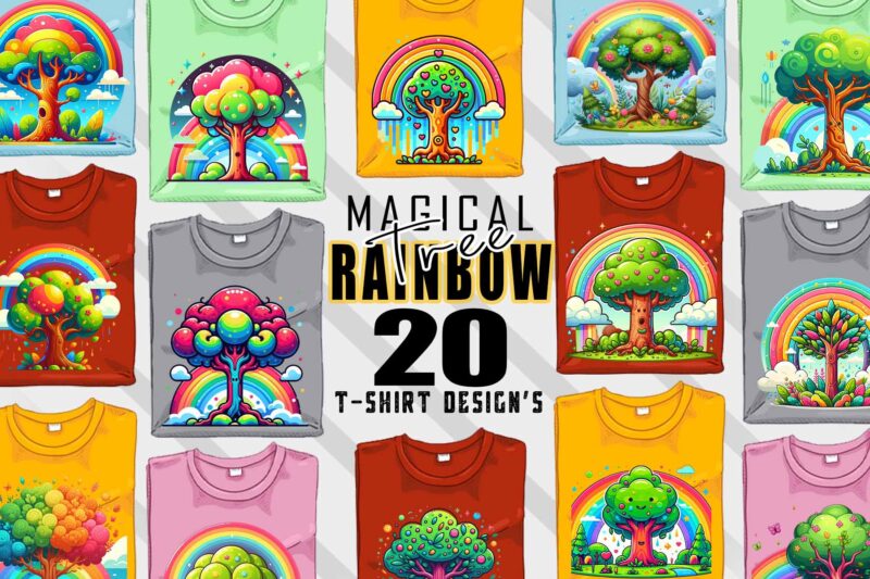 Magical Rainbow Tree t-shirt design bundle with 20 designs – download instantly Retro Vintage Illustration T-shirt Clipart Bundle