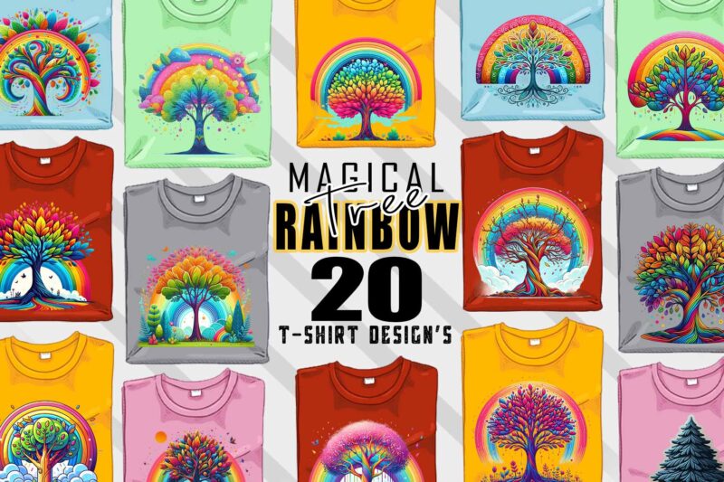 Abstract Colourful Rainbow Tree t-shirt design bundle with 20 png & jpeg designs – download instantly