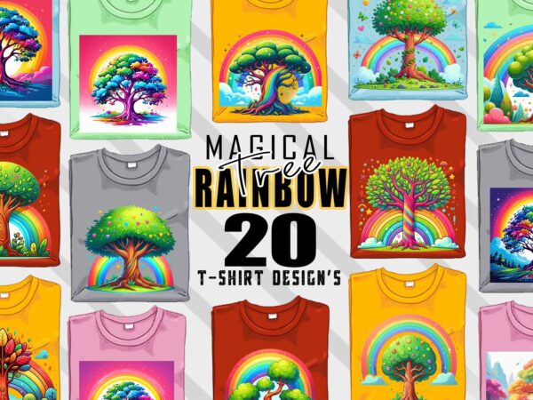 Colourful rainbow tree t-shirt design bundle with 20 png & jpeg designs – download instantly retro vintage t-shirt