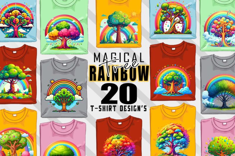 Colourful Rainbow Tree t-shirt design bundle with 20 designs – download instantly Retro Vintage Tees