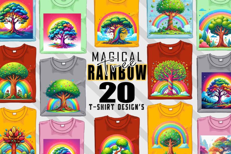 Colourful Rainbow Tree t-shirt design bundle with 20 png & jpeg designs – download instantly Retro Vintage T-shirt