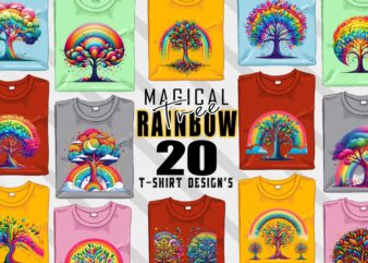 Magical Rainbow Tree t-shirt design bundle with 20 designs – download instantly Retro Vintage Illustration T-shirt Clipart Bundle