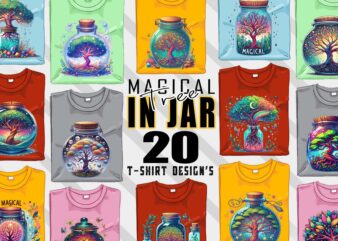 Colourful Magical Tree in a Jar t-shirt design bundle with 20 designs – download instantly Retro Vintage T-shirt