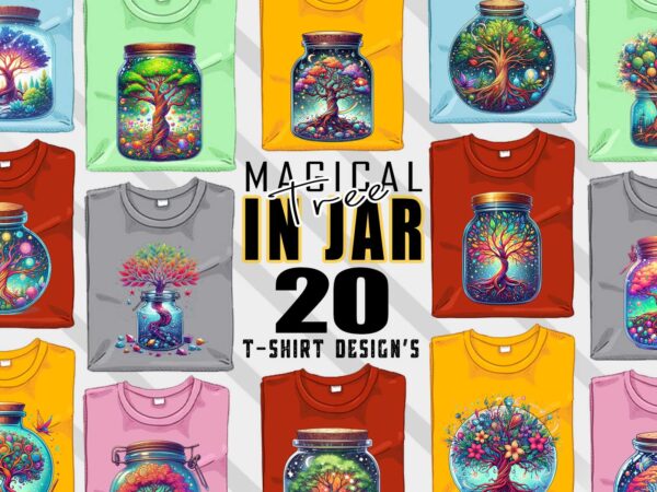 Retro colourful tree in a jar t-shirt design bundle with 20 designs – download instantly retro vintage t-shirt illustration clipart bundle