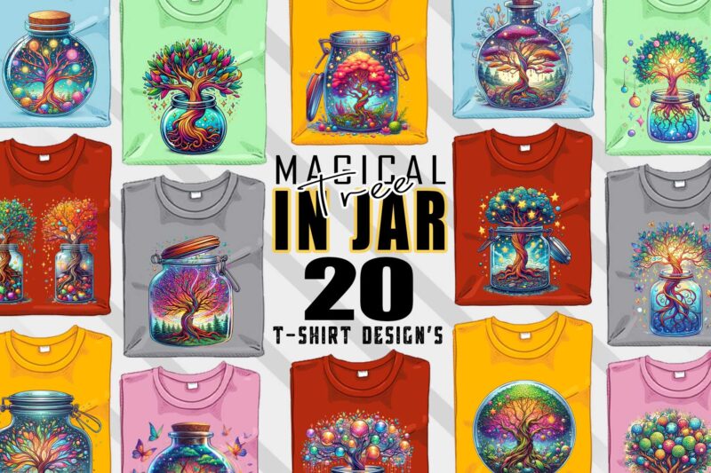 Vintage Magical Tree in a Jar t-shirt design bundle with 20 designs – download instantly Retro Vintage Illustration T-shirt Clipart