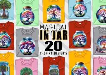 Colourful Magical Tree in a Jar t-shirt design bundle with 20 designs – download instantly Retro Vintage T-shirt