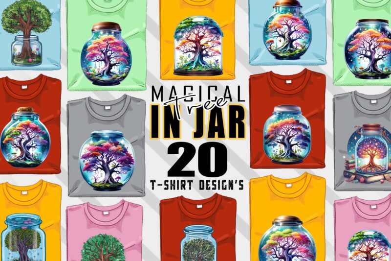 Colourful Magical Tree in a Jar t-shirt design bundle with 20 designs – download instantly Retro Vintage T-shirt