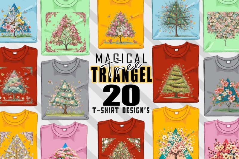 Magical Triangle Tree t-shirt design bundle with 20 designs – download instantly Retro Vintage Illustration