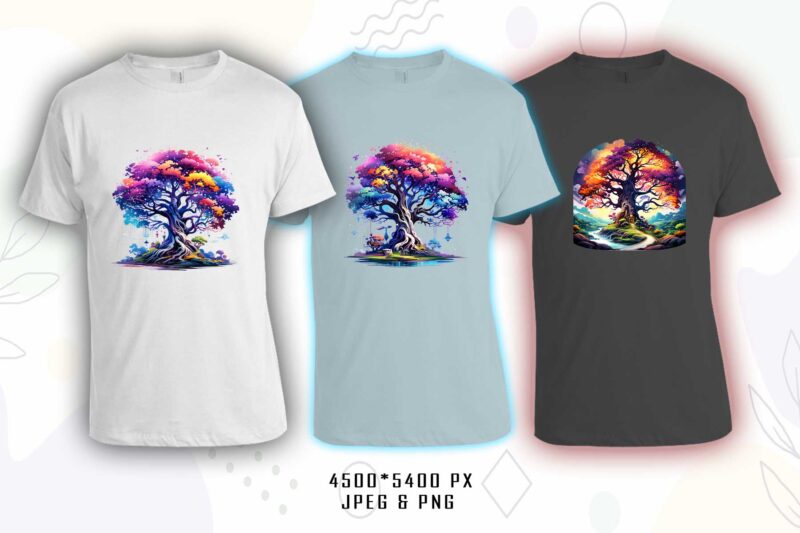 Retro Colourful Magical Tree t-shirt design bundle with 20 designs – download instantly Retro Vintage T-shirt Illustration