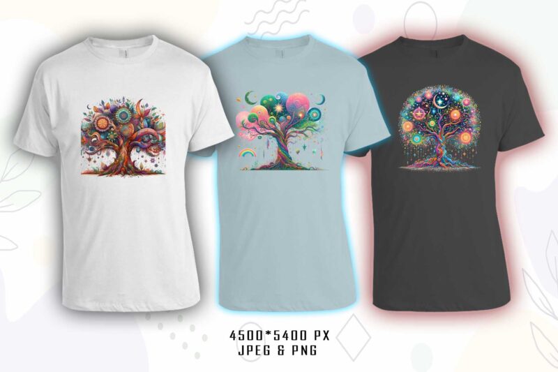 Vintage Colourful Magical Tree t-shirt design bundle with 20 designs – download instantly Retro Vintage Illustration