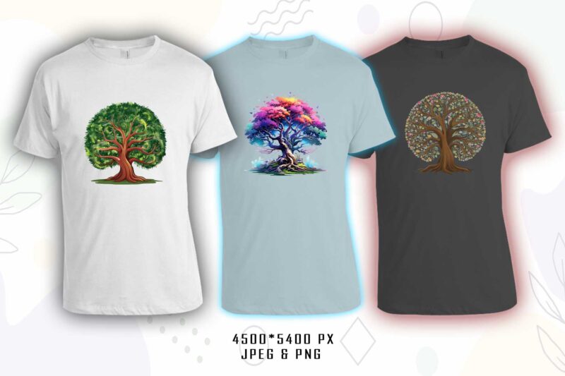 Retro Colourful Magical Tree t-shirt design bundle with 20 designs – download instantly Retro Vintage T-shirt Illustration