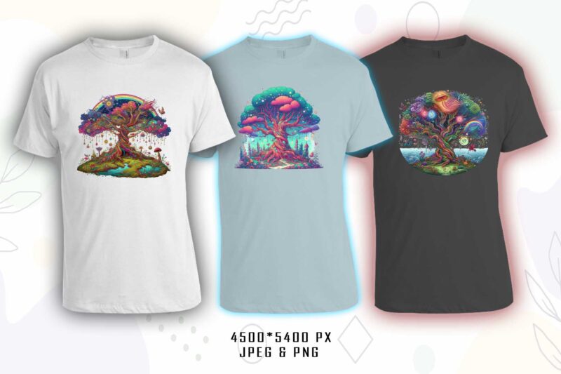 Vintage Colourful Magical Tree t-shirt design bundle with 20 designs – download instantly Retro Vintage Illustration