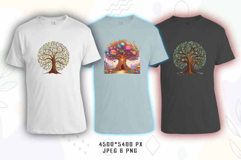 Abstract Colourful Magical Tree t-shirt design bundle with 20 png & jpeg designs – download instantly Retro Vintage T-shirt Design