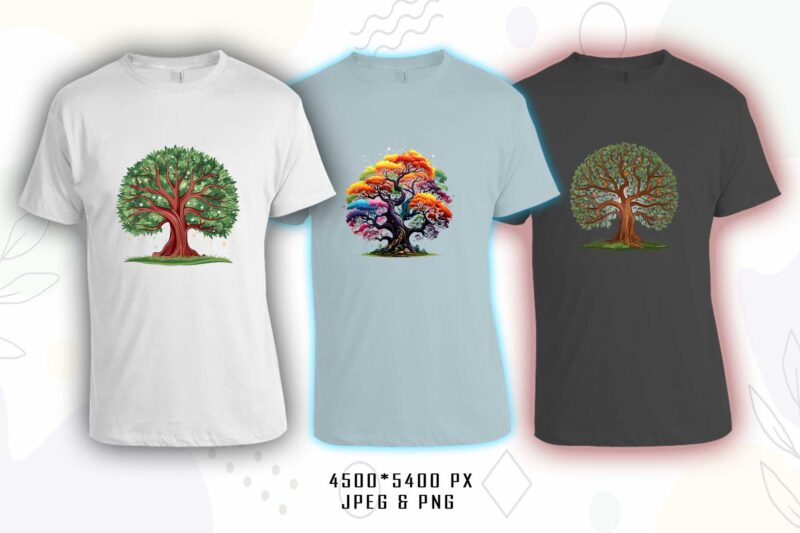 Colourful Magical Tree t-shirt design bundle with 20 designs – download instantly Retro Vintage T-shirt