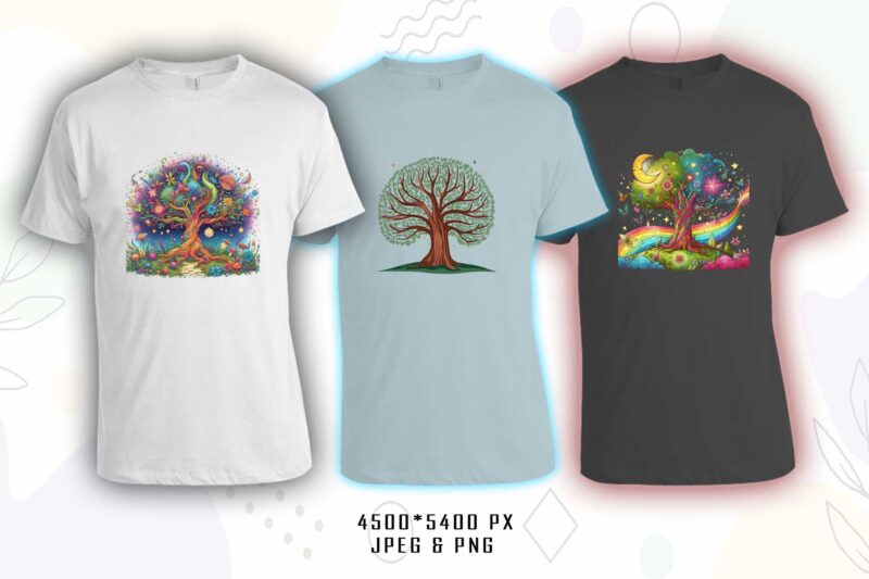 Abstract Colourful Magical Tree t-shirt design bundle with 20 png & jpeg designs – download instantly Retro Vintage T-shirt Design