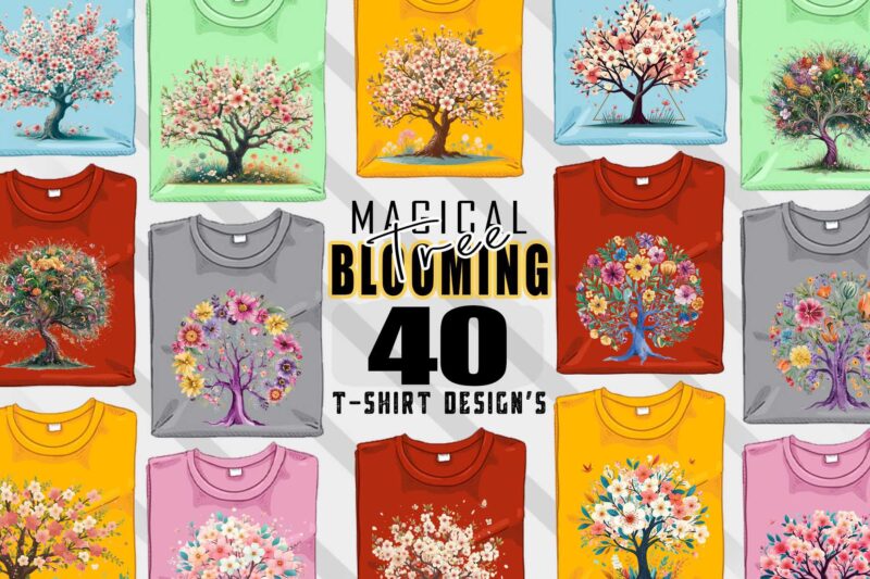 Retro Blooming Tree t-shirt design bundle with 40 designs – download instantly Retro Vintage T-shirt Illustration Clipart Bundle