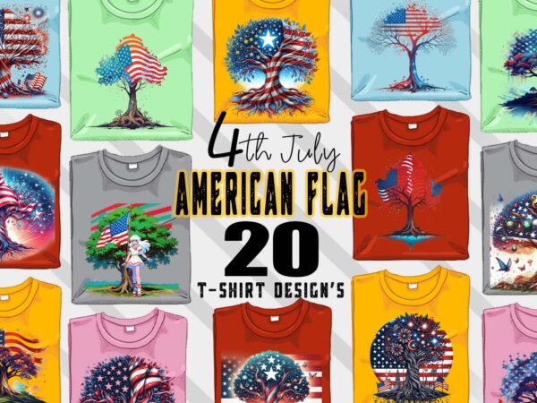 Retro american flag printed tree t-shirt design bundle with 20 png & jpeg designs – download instantly vintage car t-shirt design