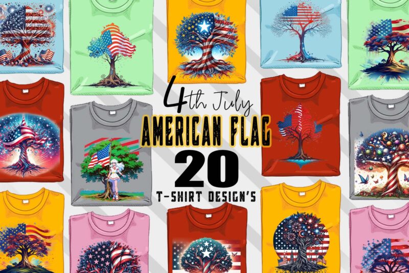 Retro American Flag Printed Tree t-shirt design bundle with 20 png & jpeg designs – download instantly vintage car T-shirt Design