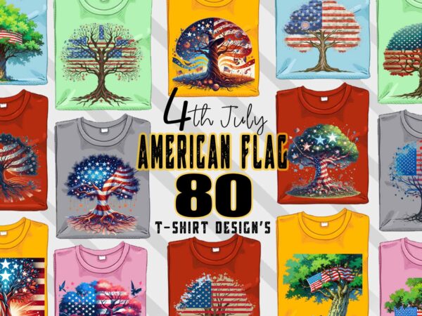 Retro american flag printed tree t-shirt design bundle with 80 png & jpeg designs