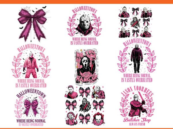 Bundle coquette bow horror movie characters halloween png, pink ghost halloween png t shirt template