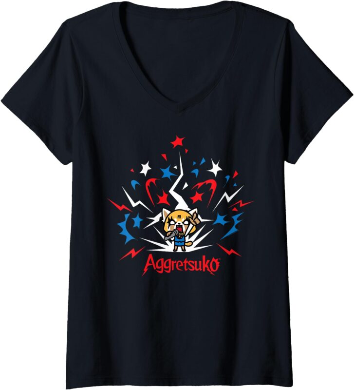 Aggretsuko Fireworks Rage Karaoke V-Neck T-Shirt