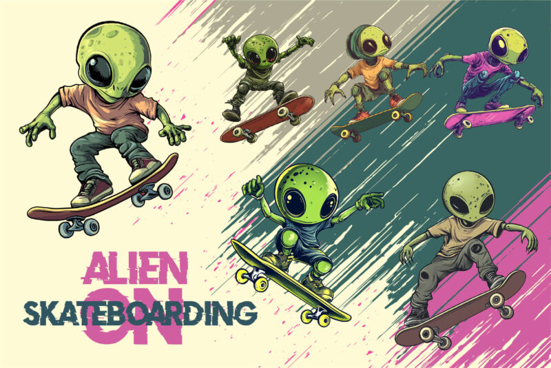 Alien on skateboarding. TShirt Sticker.