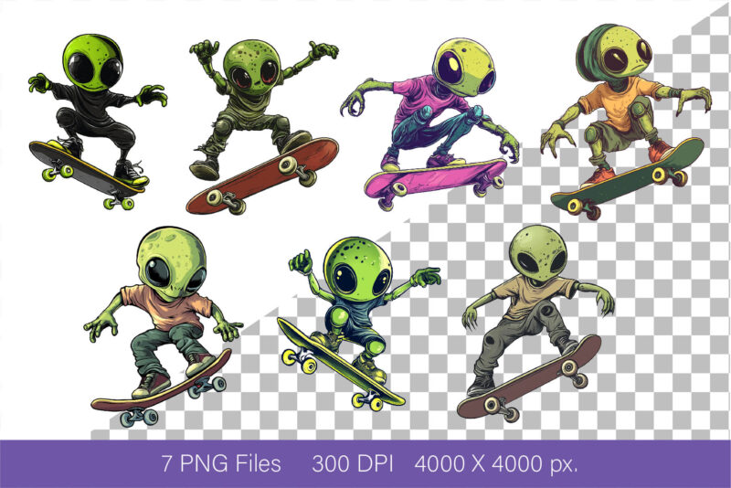 Alien on skateboarding. TShirt Sticker.