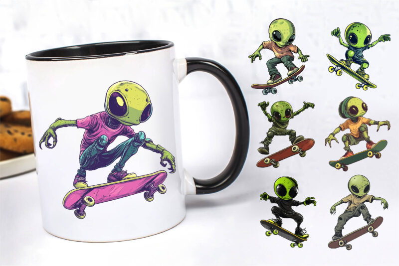 Alien on skateboarding. TShirt Sticker.