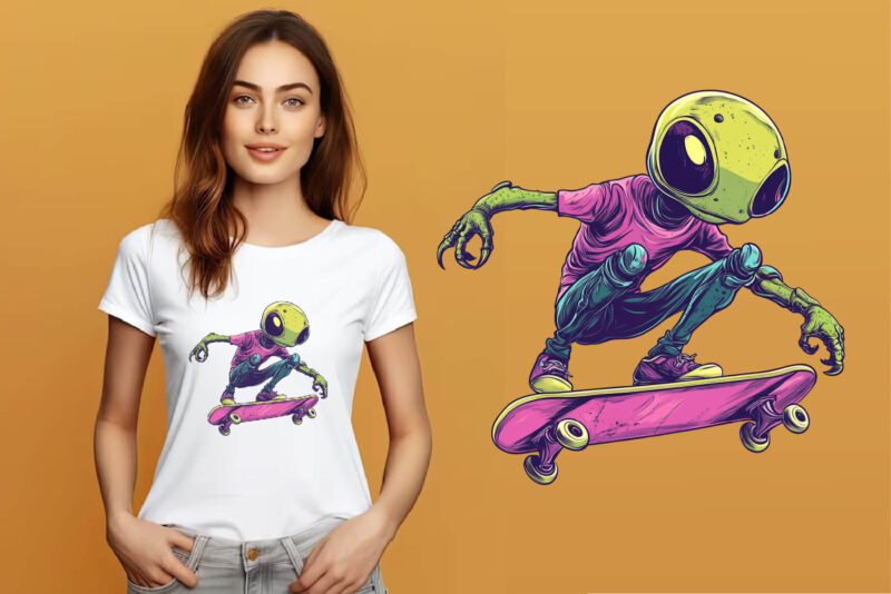 Alien on skateboarding. TShirt Sticker.