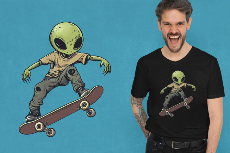 Alien on skateboarding. TShirt Sticker.