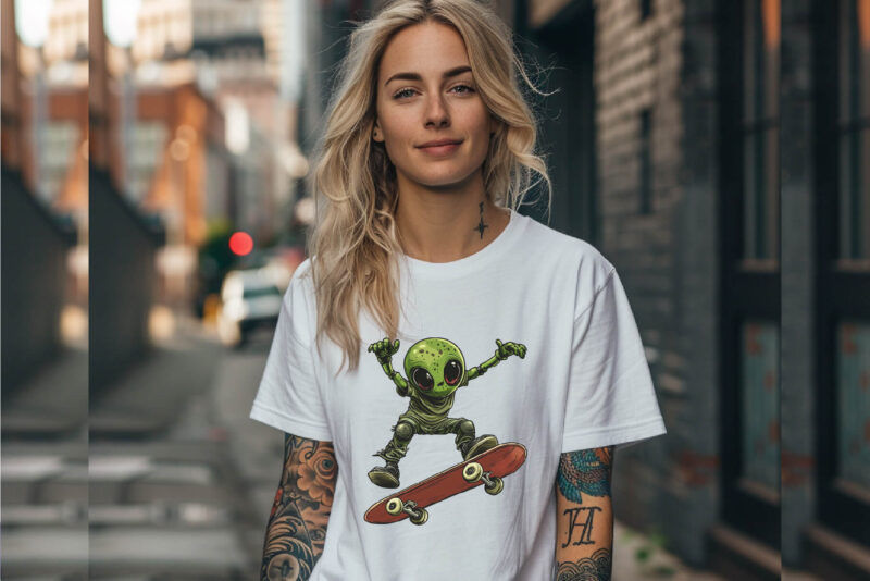 Alien on skateboarding. TShirt Sticker.