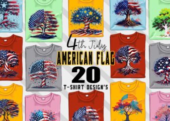 Retro American Flag Printed Tree t-shirt design bundle with 20 png & jpeg designs – download instantly 20 T-shirt Design